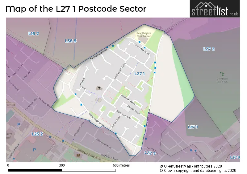 Map of the L27 1 and surrounding postcode sector