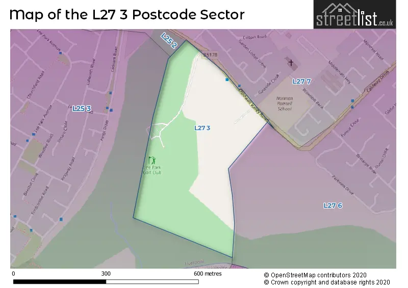 Map of the L27 3 and surrounding postcode sector