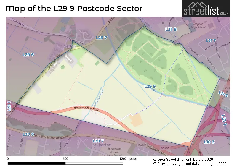 Map of the L29 9 and surrounding postcode sector