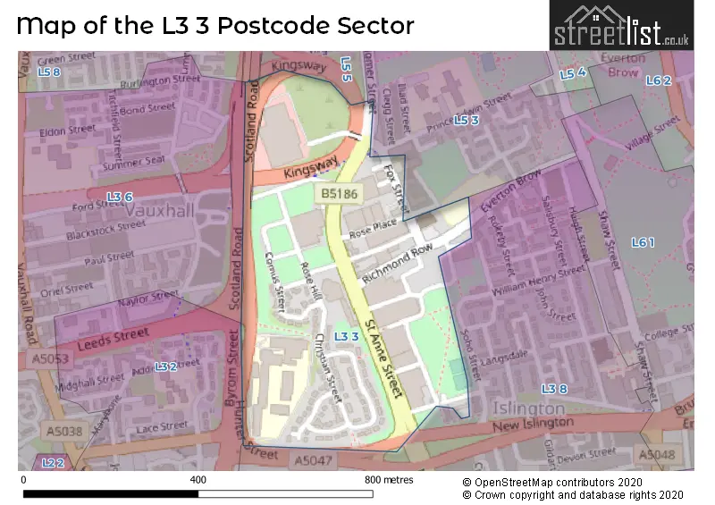 Map of the L3 3 and surrounding postcode sector