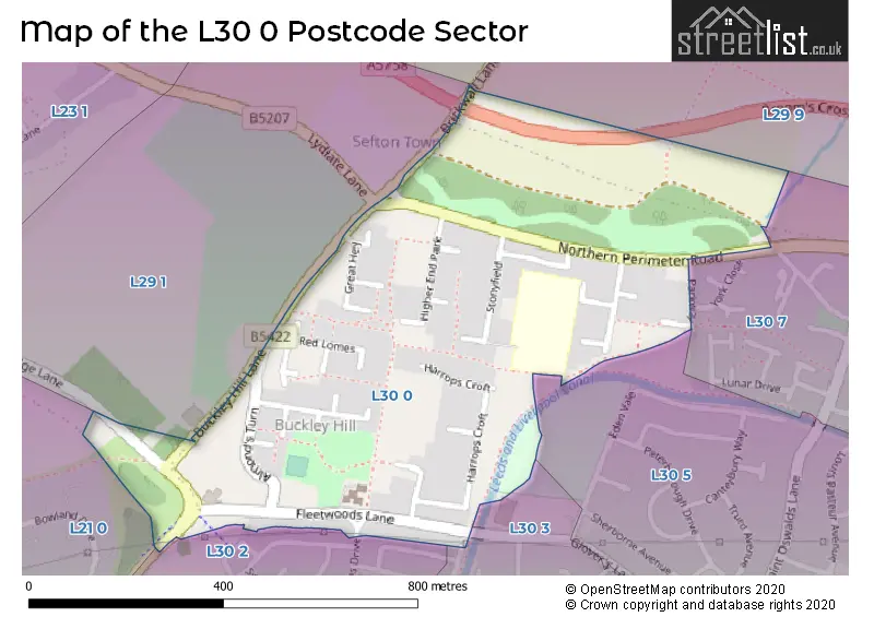 Map of the L30 0 and surrounding postcode sector