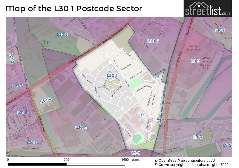 Map of the L30 1 and surrounding postcode sector