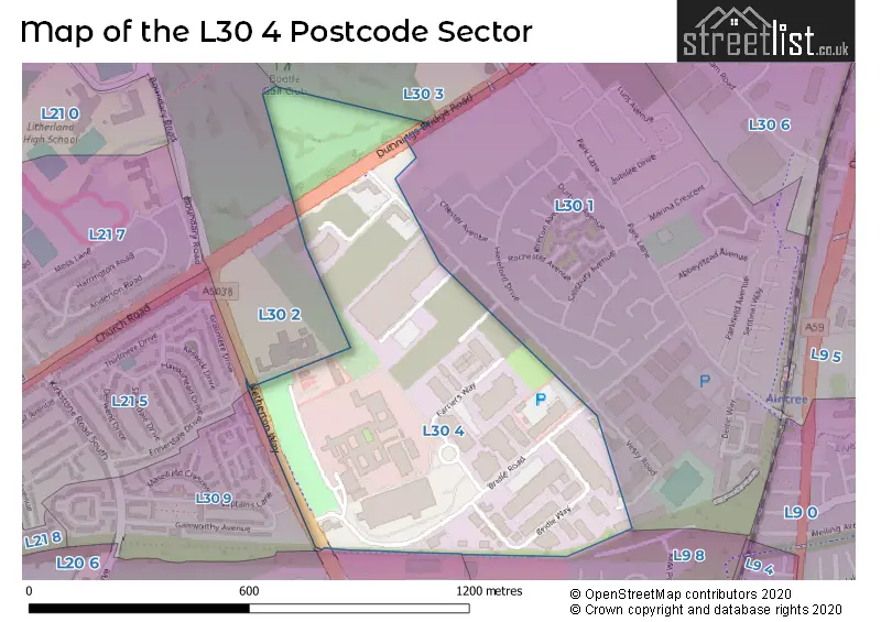 Map of the L30 4 and surrounding postcode sector