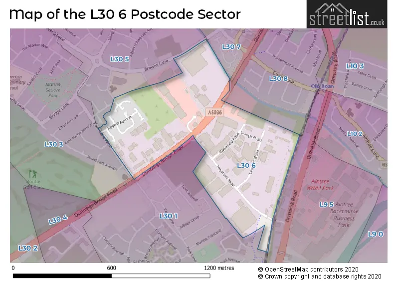 Map of the L30 6 and surrounding postcode sector