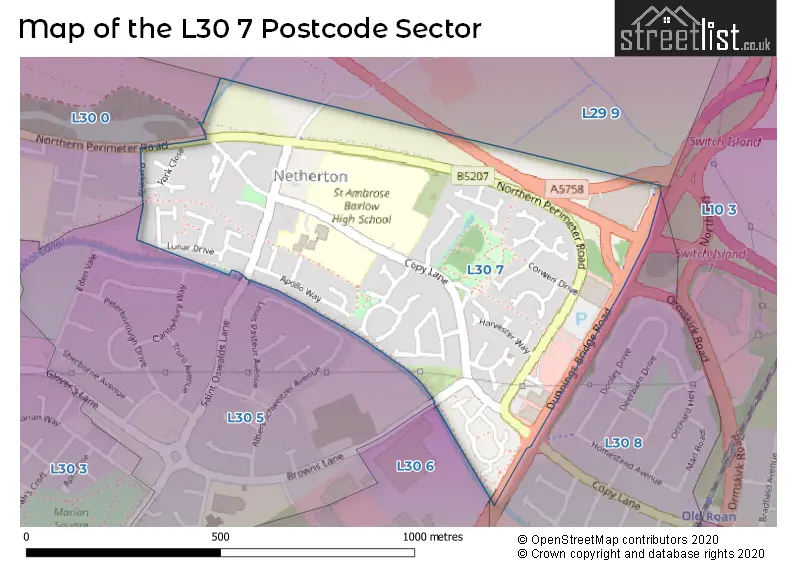 Map of the L30 7 and surrounding postcode sector