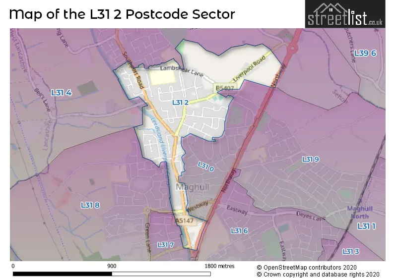 Map of the L31 2 and surrounding postcode sector