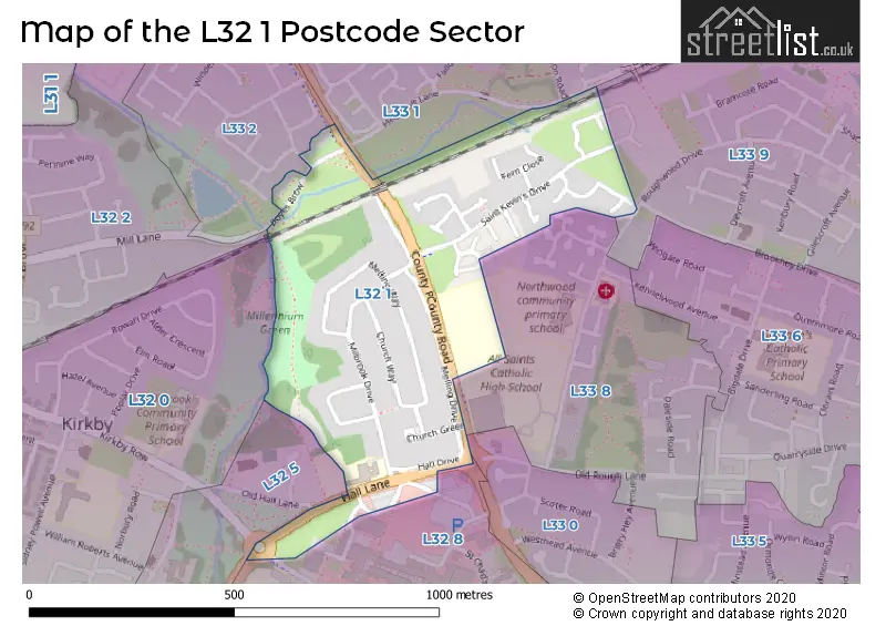 Map of the L32 1 and surrounding postcode sector