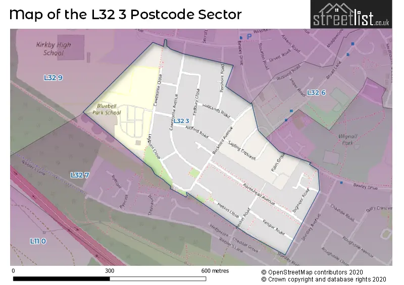 Map of the L32 3 and surrounding postcode sector