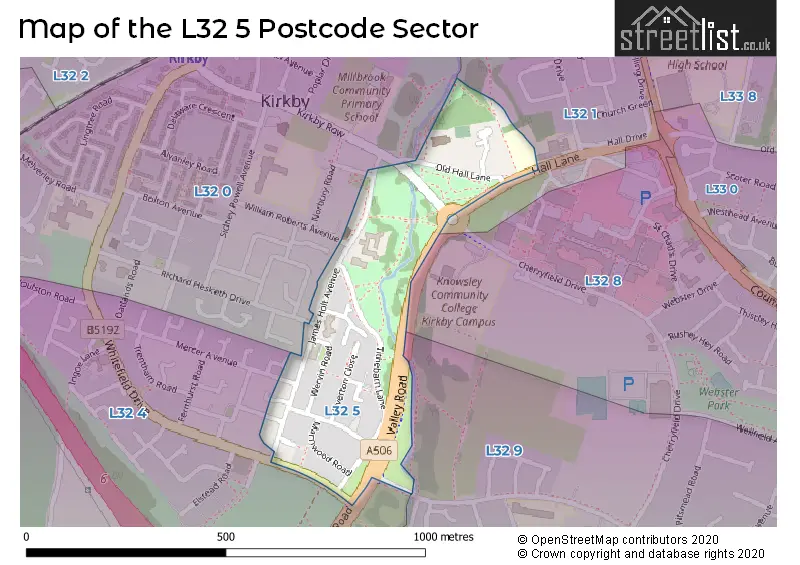 Map of the L32 5 and surrounding postcode sector