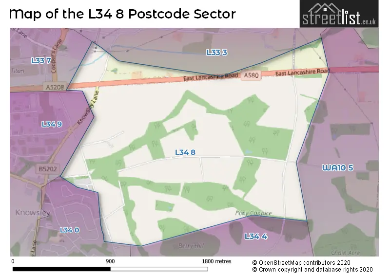 Map of the L34 8 and surrounding postcode sector