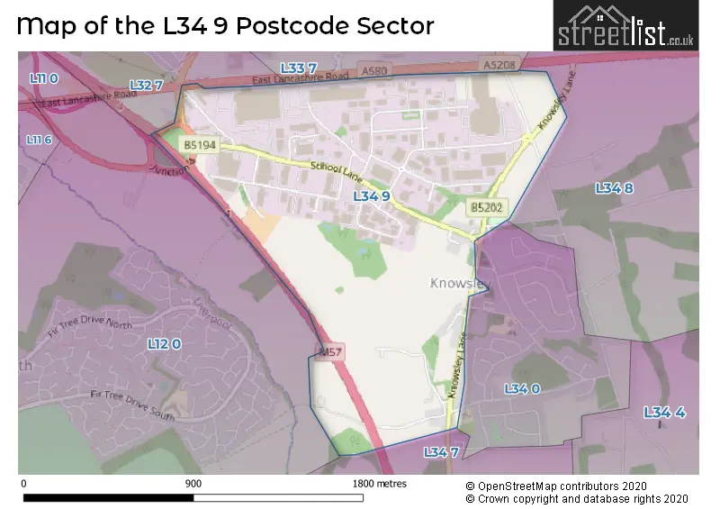 Map of the L34 9 and surrounding postcode sector