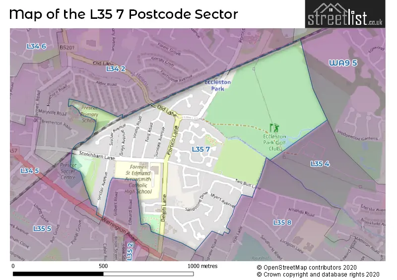 Map of the L35 7 and surrounding postcode sector