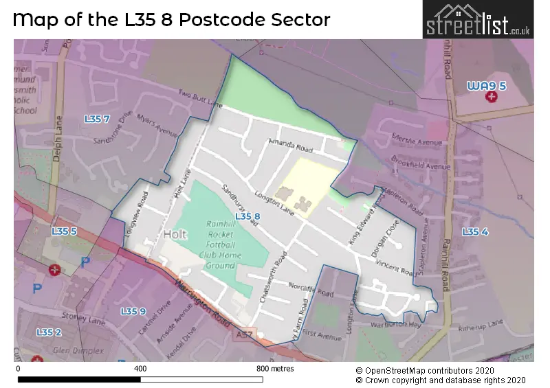 Map of the L35 8 and surrounding postcode sector