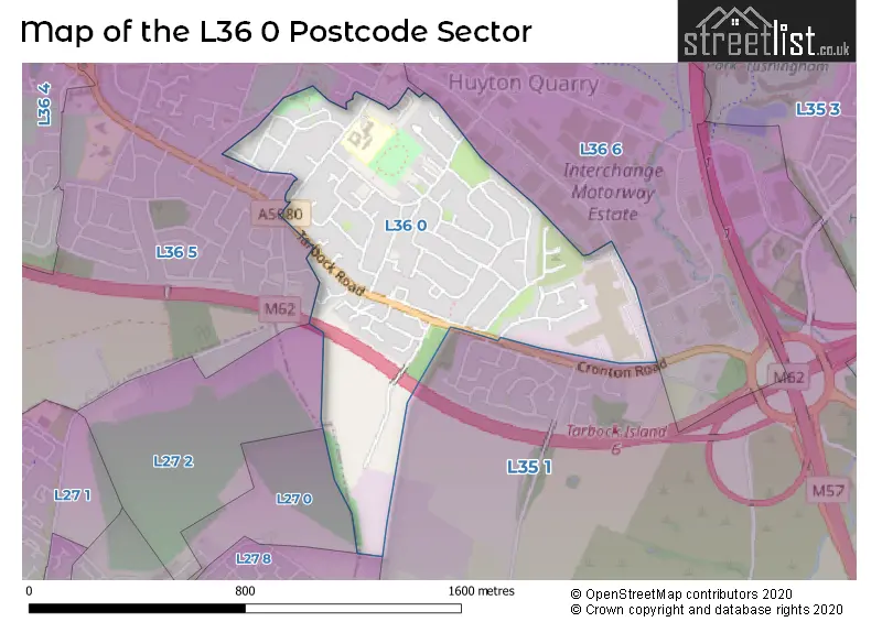 Map of the L36 0 and surrounding postcode sector