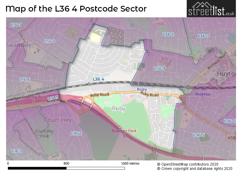 Map of the L36 4 and surrounding postcode sector