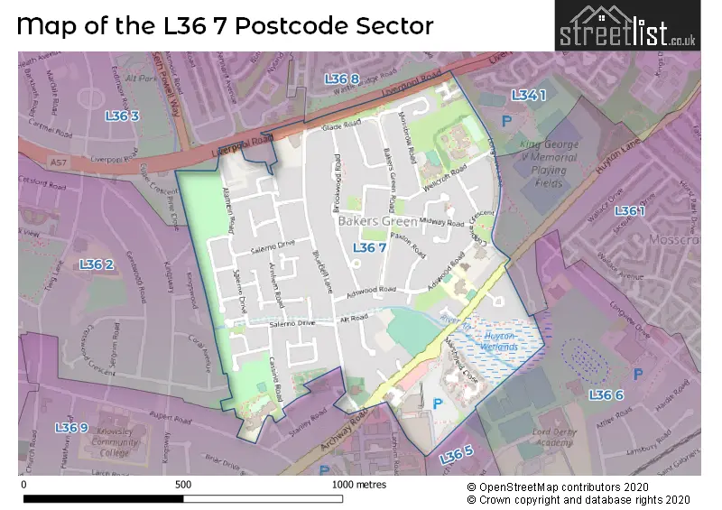 Map of the L36 7 and surrounding postcode sector