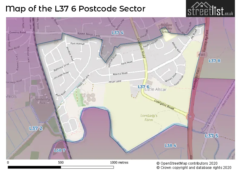 Map of the L37 6 and surrounding postcode sector