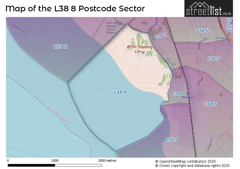 Map of the L38 8 and surrounding postcode sector