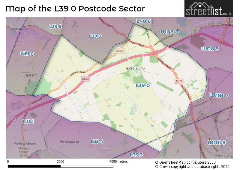 Map of the L39 0 and surrounding postcode sector