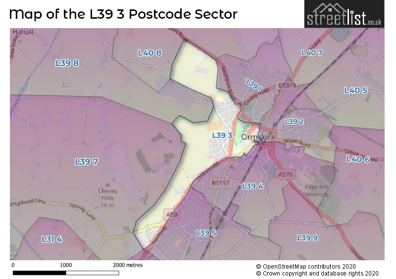Map of the L39 3 and surrounding postcode sector