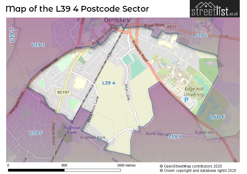 Map of the L39 4 and surrounding postcode sector