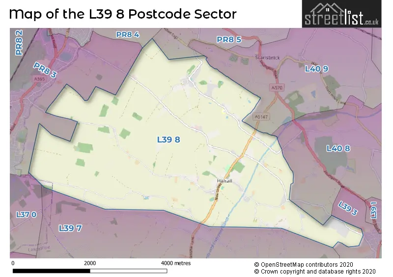 Map of the L39 8 and surrounding postcode sector