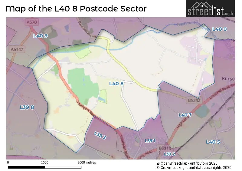 Map of the L40 8 and surrounding postcode sector