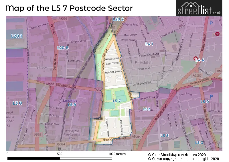 Map of the L5 7 and surrounding postcode sector