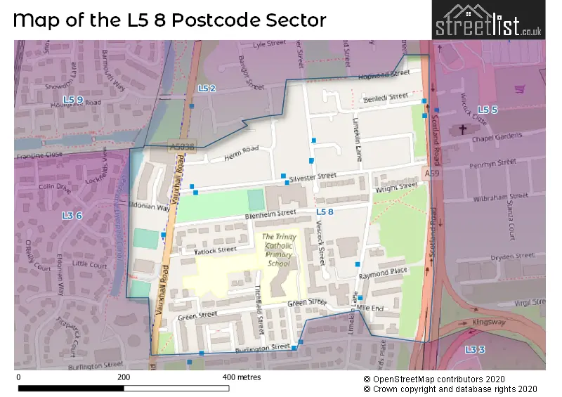 Map of the L5 8 and surrounding postcode sector