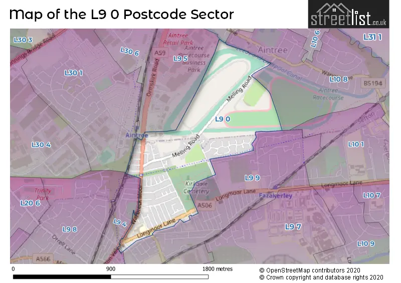 Map of the L9 0 and surrounding postcode sector