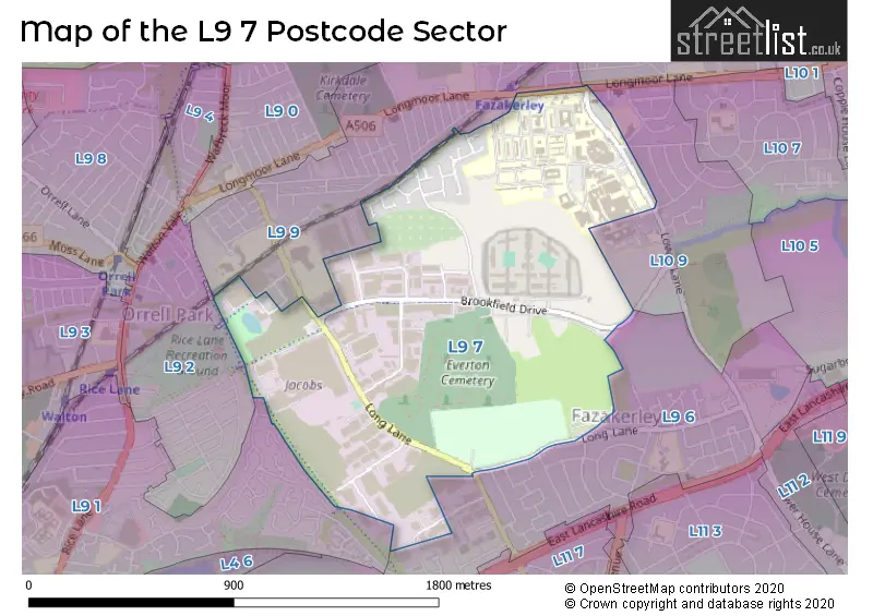 Map of the L9 7 and surrounding postcode sector