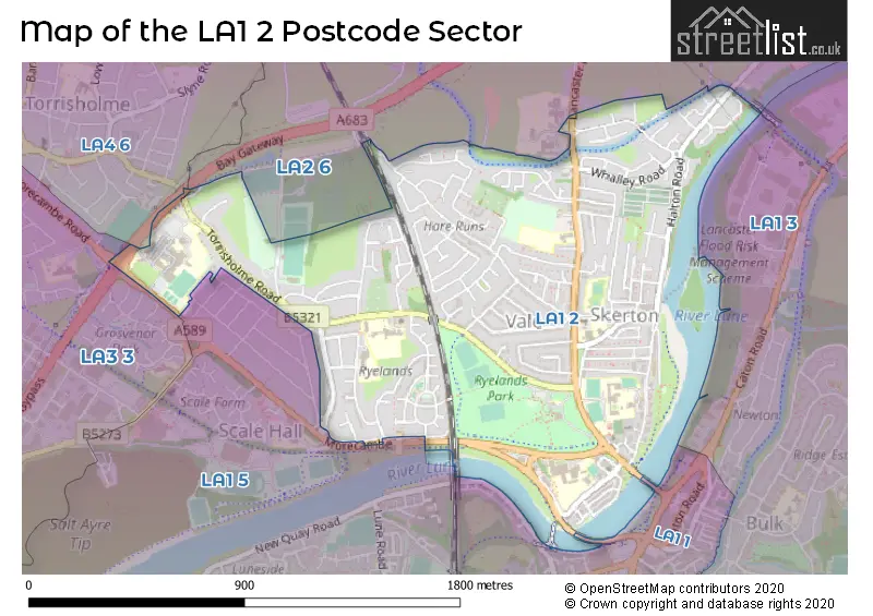 Map of the LA1 2 and surrounding postcode sector