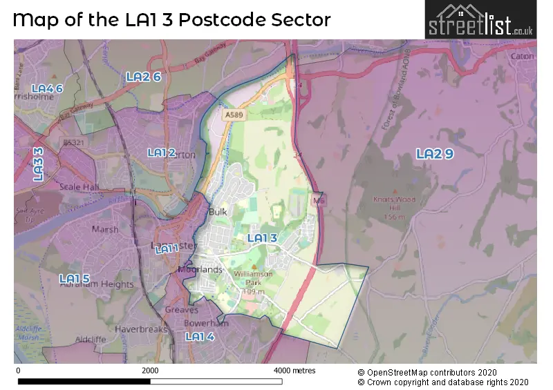 Map of the LA1 3 and surrounding postcode sector