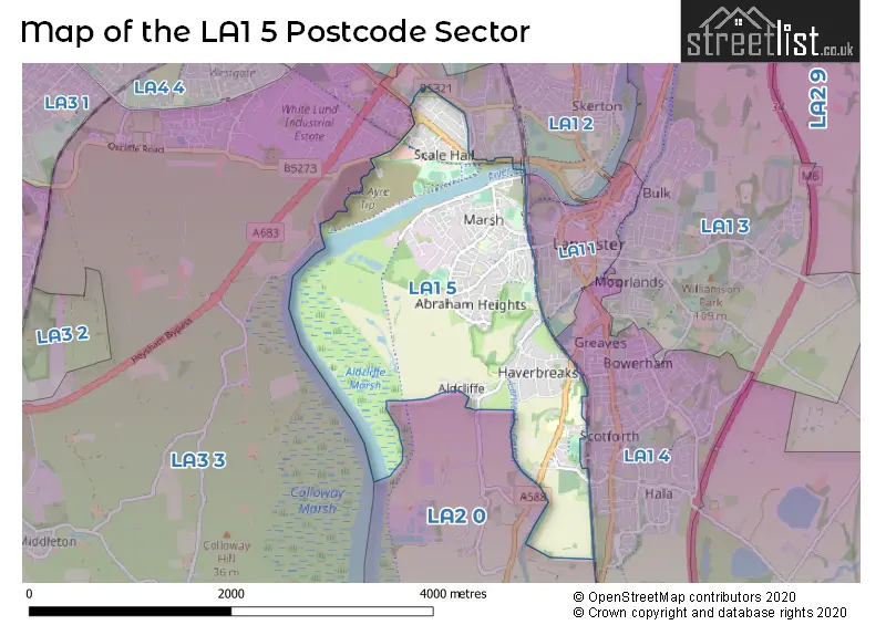 Map of the LA1 5 and surrounding postcode sector