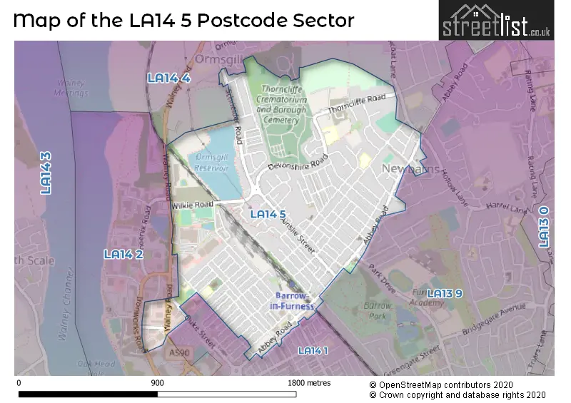 Map of the LA14 5 and surrounding postcode sector