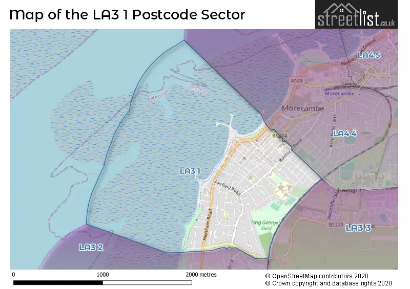 Map of the LA3 1 and surrounding postcode sector