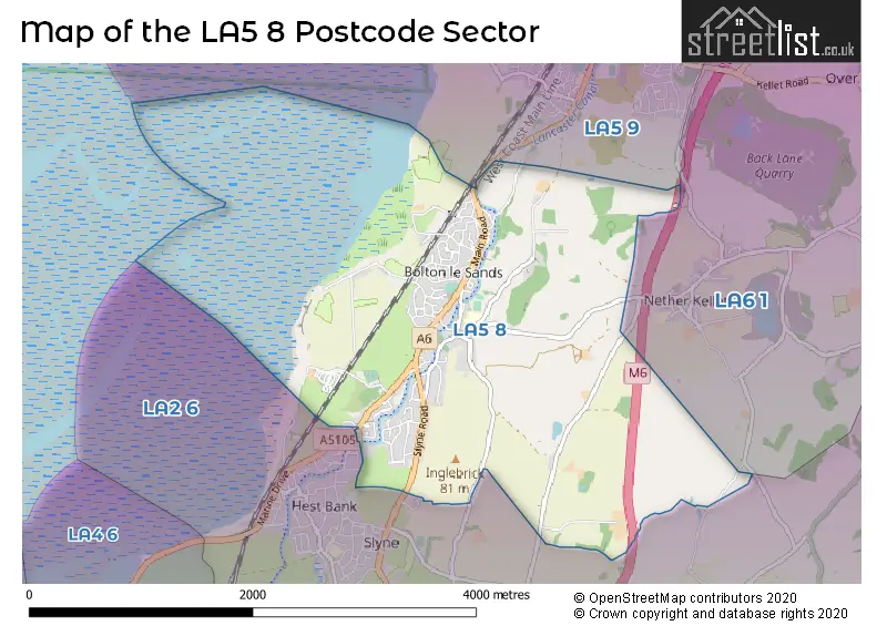 Map of the LA5 8 and surrounding postcode sector