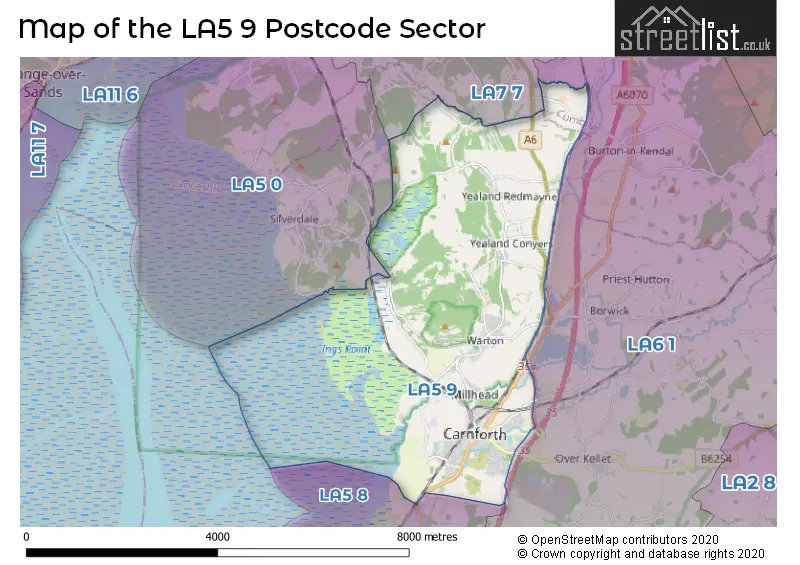 Map of the LA5 9 and surrounding postcode sector