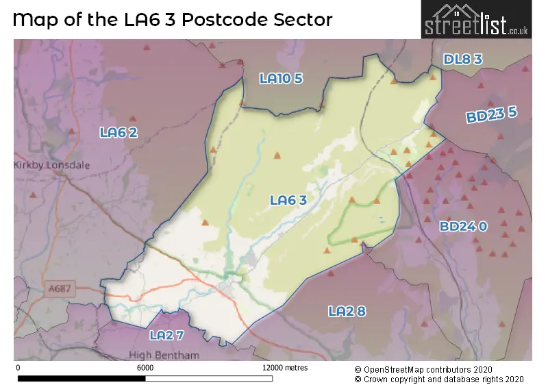 Map of the LA6 3 and surrounding postcode sector