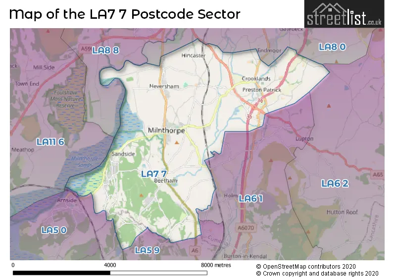 Map of the LA7 7 and surrounding postcode sector