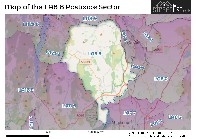 Map of the LA8 8 and surrounding postcode sector