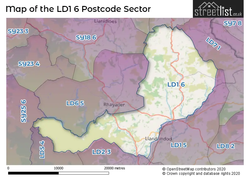 Map of the LD1 6 and surrounding postcode sector