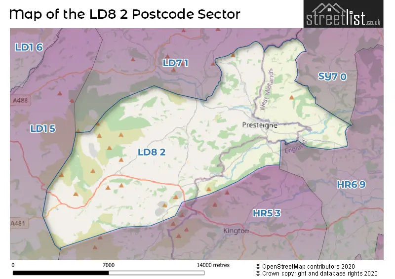 Map of the LD8 2 and surrounding postcode sector