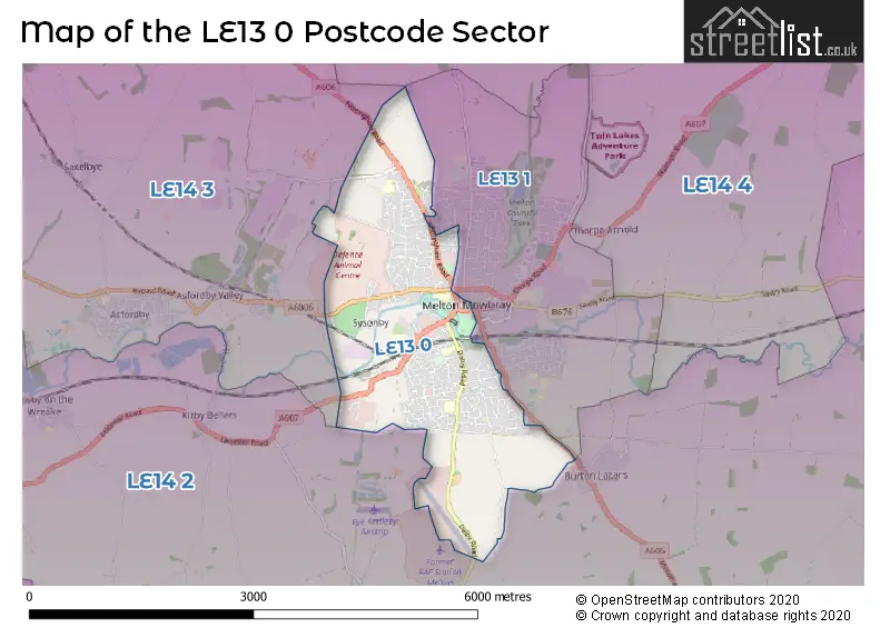 Map of the LE13 0 and surrounding postcode sector