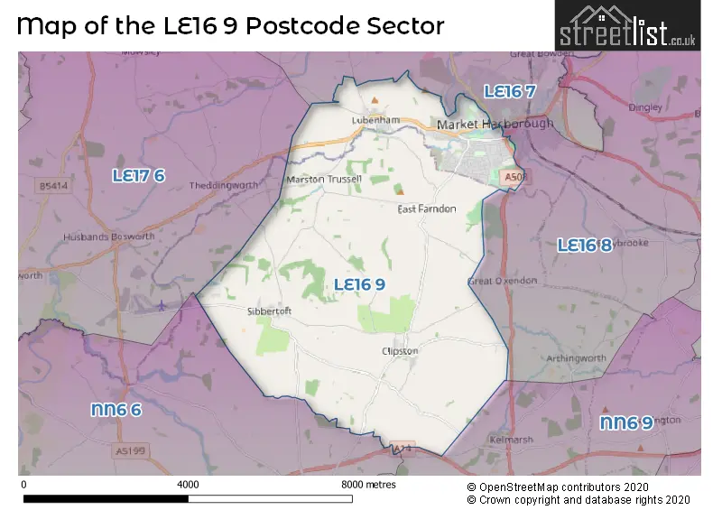 Map of the LE16 9 and surrounding postcode sector