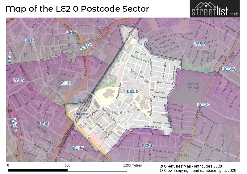 Map of the LE2 0 and surrounding postcode sector