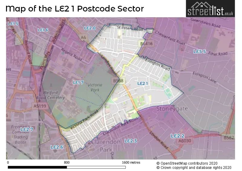 Map of the LE2 1 and surrounding postcode sector