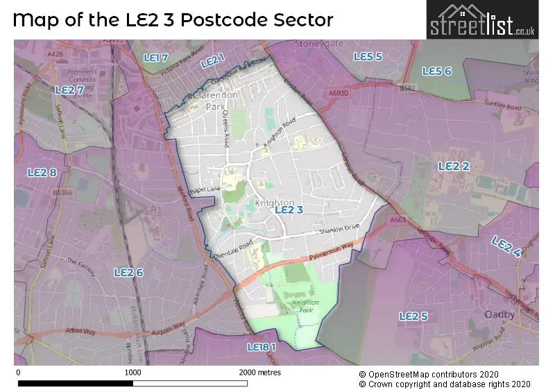 Map of the LE2 3 and surrounding postcode sector