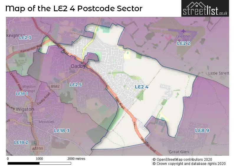 Map of the LE2 4 and surrounding postcode sector