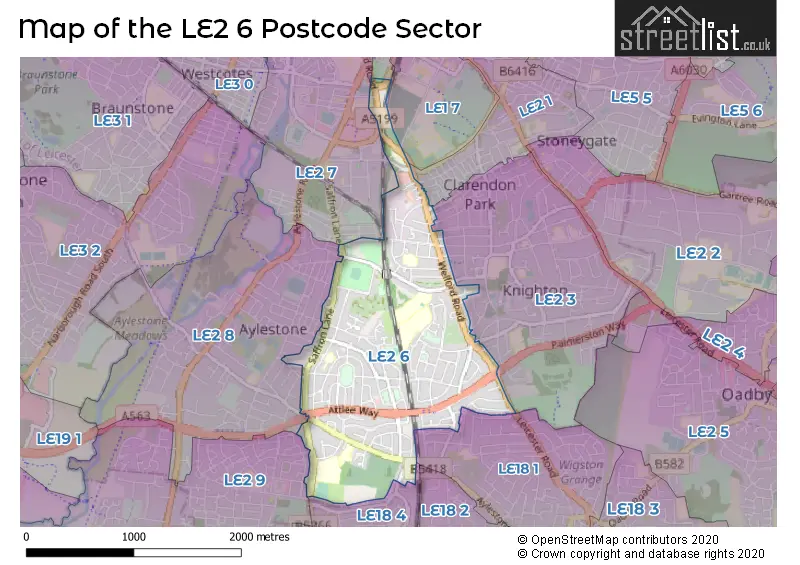 Map of the LE2 6 and surrounding postcode sector